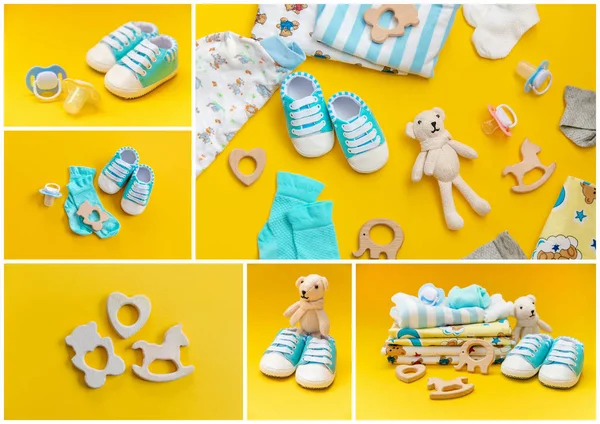 Renkli bir arka plan üzerinde kolaj bebek aksesuarları. Seçici odaklama.