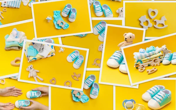 Renkli bir arka plan üzerinde kolaj bebek aksesuarları. Seçici odaklama.