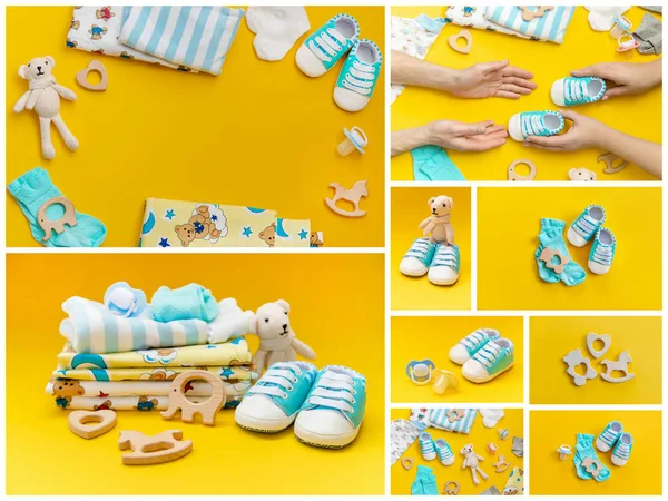 Renkli bir arka plan üzerinde kolaj bebek aksesuarları. Seçici odaklama.