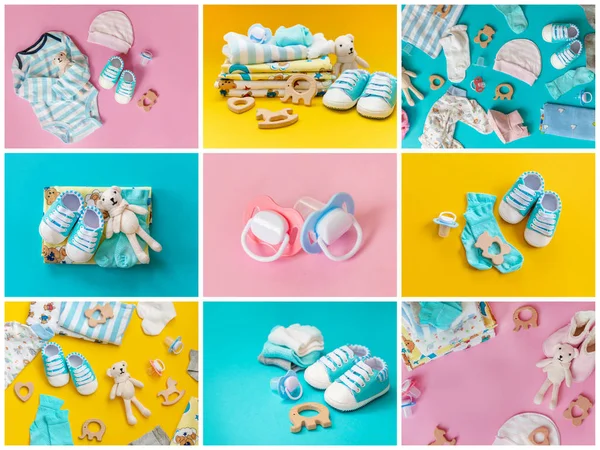 Renkli bir arka plan üzerinde kolaj bebek aksesuarları. Seçici odaklama.