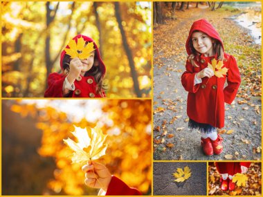 Kolaj ve sonbahar çocuk fotoğrafları. Seçici odaklama.