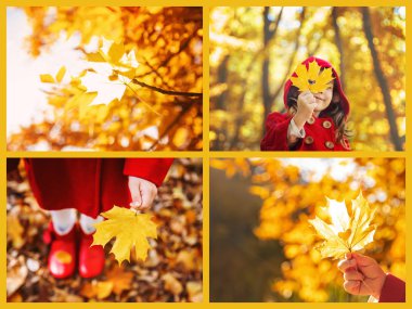 Kolaj ve sonbahar çocuk fotoğrafları. Seçici odaklama.