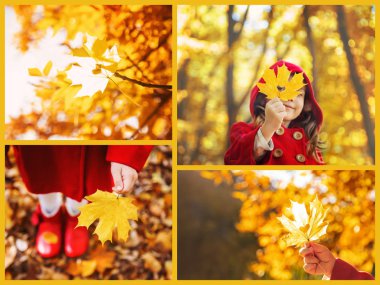 Kolaj ve sonbahar çocuk fotoğrafları. Seçici odaklama.
