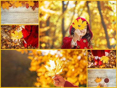 Kolaj ve sonbahar çocuk fotoğrafları. Seçici odaklama.