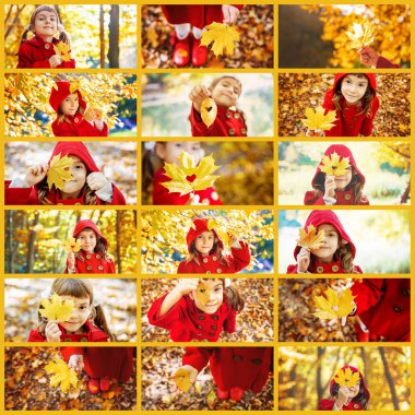 Kolaj ve sonbahar çocuk fotoğrafları. Seçici odaklama.