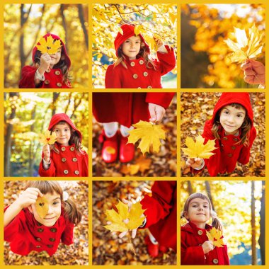 Kolaj ve sonbahar çocuk fotoğrafları. Seçici odaklama.