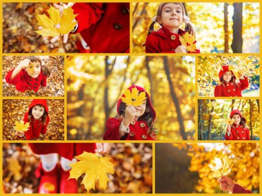 Kolaj ve sonbahar çocuk fotoğrafları. Seçici odaklama.