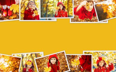 Kolaj ve sonbahar çocuk fotoğrafları. Seçici odaklama.