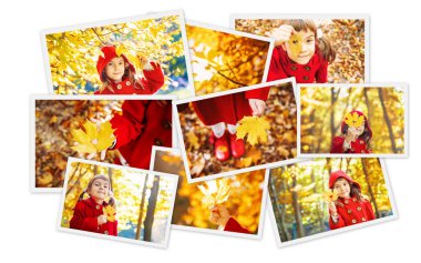 Kolaj ve sonbahar çocuk fotoğrafları. Seçici odaklama.