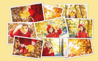 Kolaj ve sonbahar çocuk fotoğrafları. Seçici odaklama.