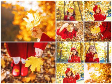 Kolaj ve sonbahar çocuk fotoğrafları. Seçici odaklama.
