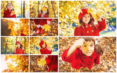 Kolaj ve sonbahar çocuk fotoğrafları. Seçici odaklama.