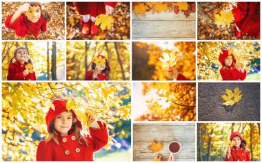Kolaj ve sonbahar çocuk fotoğrafları. Seçici odaklama.