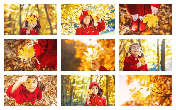 Collage und herbstliche Kinderfotos. Selektiver Fokus. — Stockfoto