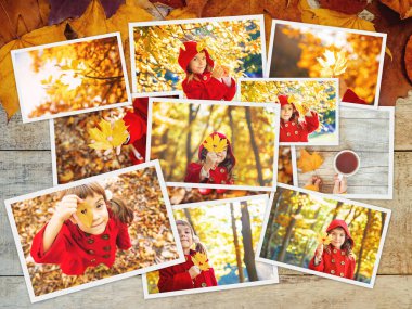 Kolaj ve sonbahar çocuk fotoğrafları. Seçici odaklama.