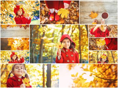 Kolaj ve sonbahar çocuk fotoğrafları. Seçici odaklama.
