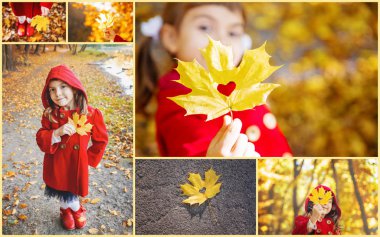 Kolaj ve sonbahar çocuk fotoğrafları. Seçici odaklama.