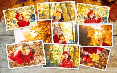 Kolaj ve sonbahar çocuk fotoğrafları. Seçici odaklama.