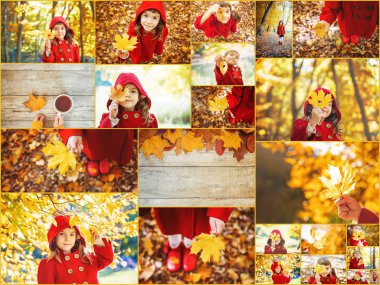 Kolaj ve sonbahar çocuk fotoğrafları. Seçici odaklama.