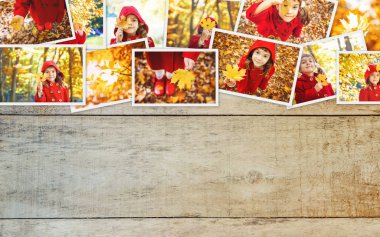 Kolaj ve sonbahar çocuk fotoğrafları. Seçici odaklama.
