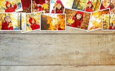 Kolaj ve sonbahar çocuk fotoğrafları. Seçici odaklama.