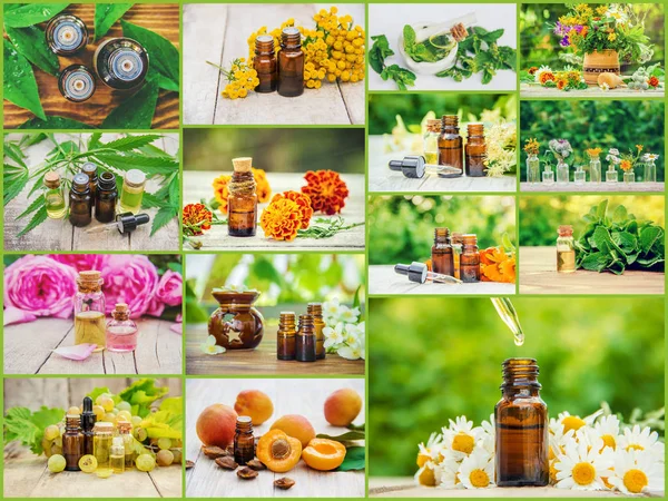 Collage de diferentes imágenes de extractos de hierbas. Homeopatía. Enfoque selectivo . — Foto de Stock