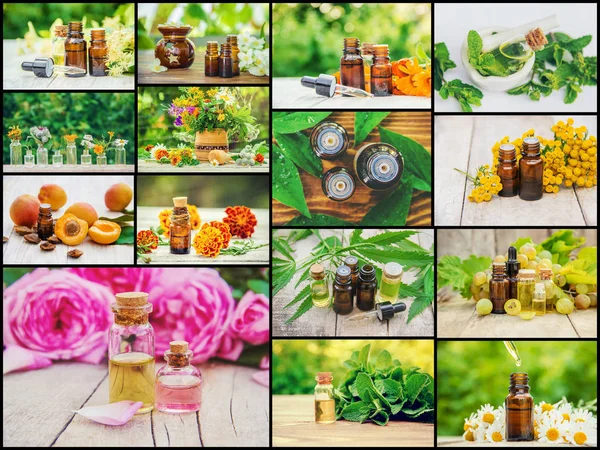 Collage de diferentes imágenes de extractos de hierbas. Homeopatía. Enfoque selectivo . — Foto de Stock