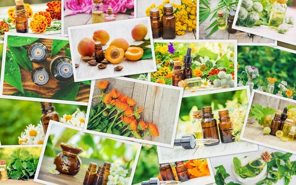 Collage de diferentes imágenes de extractos de hierbas. Homeopatía. Enfoque selectivo . — Foto de Stock