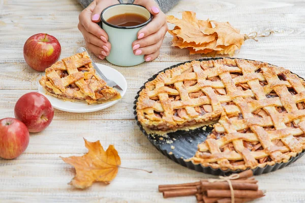 Pie with apples and cinnamon. Selective focus. — Stock Photo, Image
