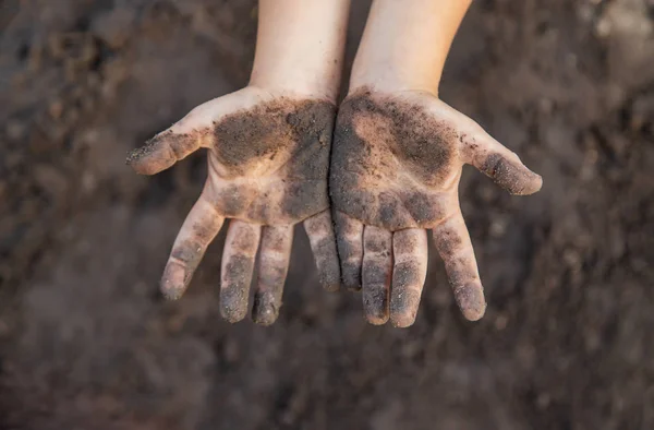 Criança no jardim com a terra nas mãos. Foco seletivo . — Fotografia de Stock