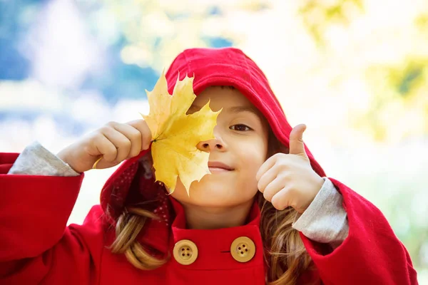 Niño con un abrigo rojo con hojas de otoño. Amor otoño. Enfoque selectivo . —  Fotos de Stock