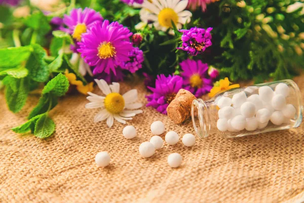 Homöopathie. Kräuterextrakte in kleinen Flaschen. Selektiver Fokus. — Stockfoto