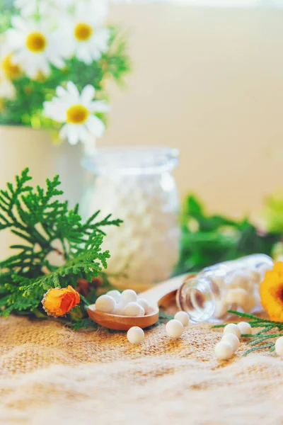 Homeopatía. Extractos de hierbas en botellas pequeñas. Enfoque selectivo. — Foto de Stock