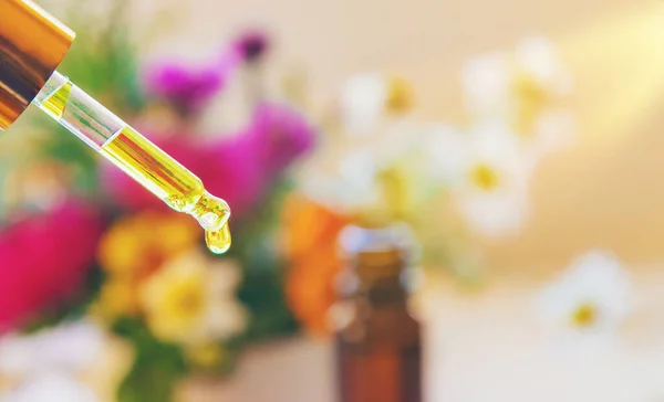 Homeopatía. Extractos de hierbas en botellas pequeñas. Enfoque selectivo. — Foto de Stock