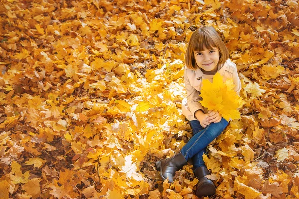 Niños en el parque con hojas de otoño. Enfoque selectivo. —  Fotos de Stock