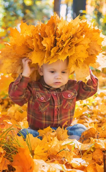 Kleiner Junge im Park auf Herbstblättern. Selektiver Fokus. — Stockfoto