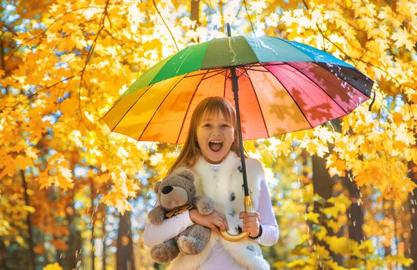 Kind unter einem Regenschirm im Herbstpark. Selektiver Fokus. — Stockfoto