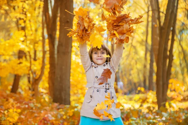 Enfants dans le parc avec des feuilles d'automne. Concentration sélective. — Photo