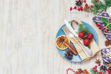 Noel arkaplanı. Masa ayarı. Seçici odaklanma. Tatil.
