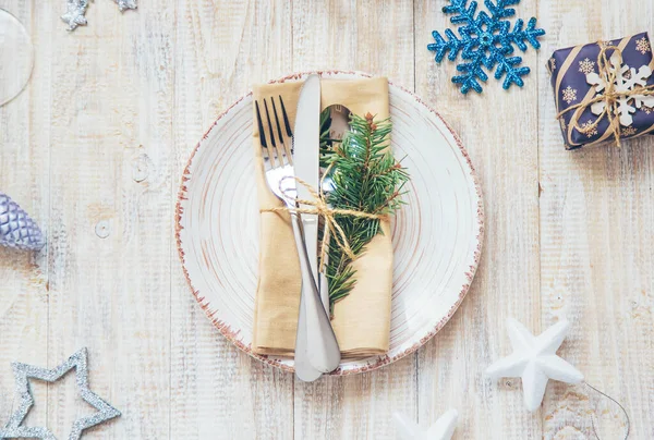 Julbakgrund. Dukning. Selektivt fokus. Semester. — Stockfoto