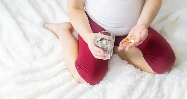 Pregnant Woman Drinks Vitamins Selective Focus People — Stock Photo, Image