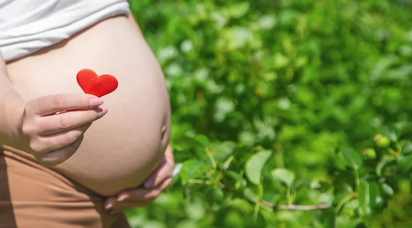 Embarazada Barriga Corazón Las Manos Enfoque Selectivo Gente — Foto de Stock