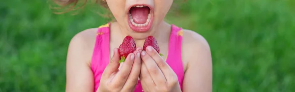 Enfant Mange Des Fraises Été Concentration Sélective Personnes — Photo