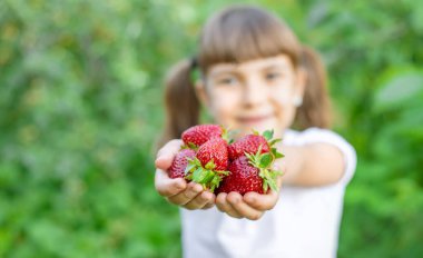 Elinde çilek olan bir çocuk. Seçici odaklanma. yiyecek.
