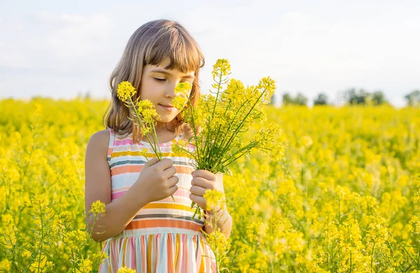 Niño Campo Amarillo Mostaza Florece Enfoque Selectivo — Foto de Stock