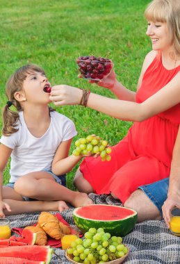 Piknikte hamile bir kadın. Seçici odaklanma. Yiyecek..