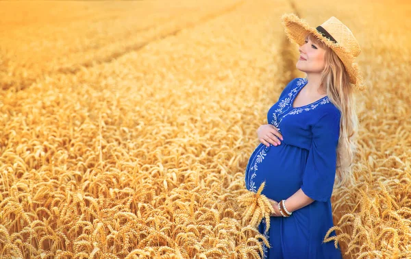 Ciężarna Kobieta Polu Pszenicy Wybiórcze Skupienie Charakter — Zdjęcie stockowe