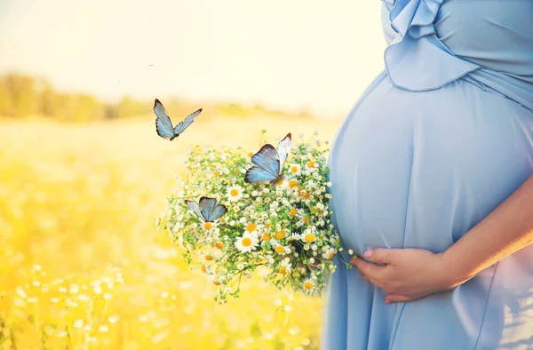 Donna Incinta Con Fiori Farfalle Concentrazione Selettiva Natura — Foto Stock