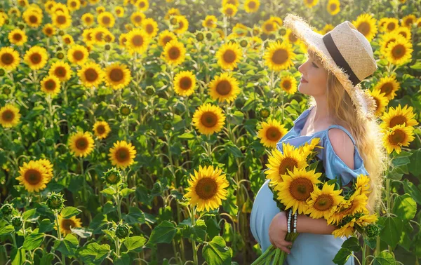 Una Mujer Embarazada Campo Girasoles Enfoque Selectivo Naturaleza —  Fotos de Stock