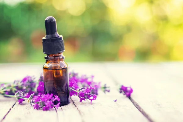 Óleo Essencial Lavanda Uma Pequena Garrafa Focus Nature Seletivo — Fotografia de Stock